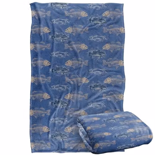 JQ Licensing Bass To The Bone Fishing Pattern Super Soft Fleece Throw Blanket, Multicolour, W/D/H: 91 x 147 cm