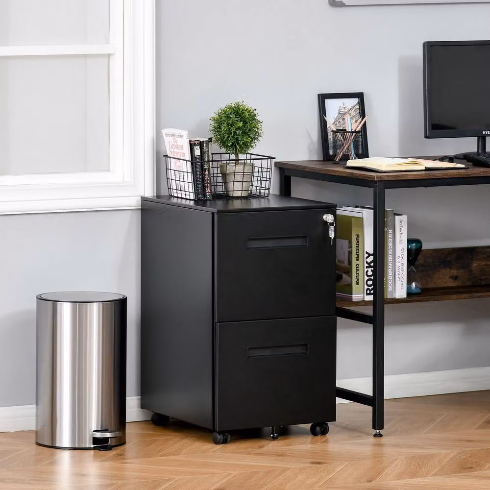 STILVORA Black 2 Drawer Metal Filing Cabinet with Lock and Castors – 2