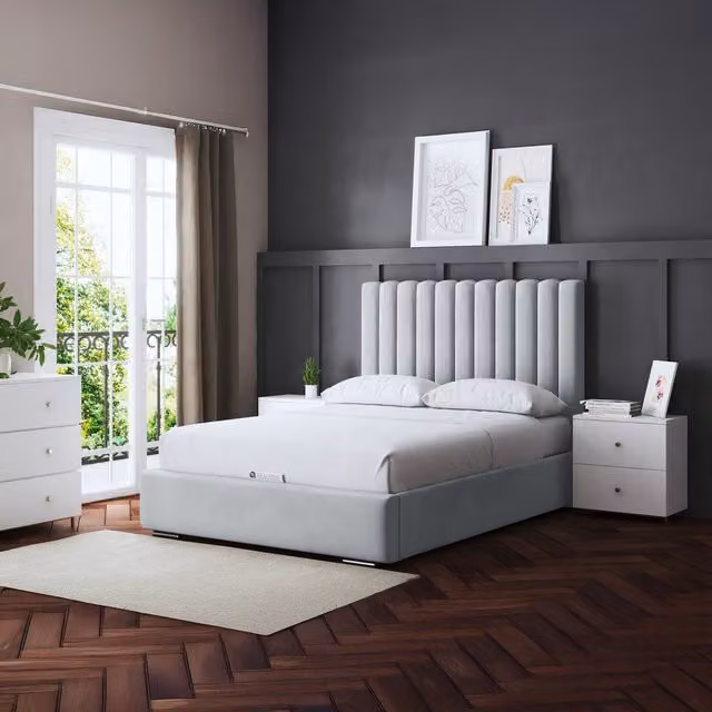 DS Living Evangeline Panel Bed with Headboard and Lift Up Base in Silver
