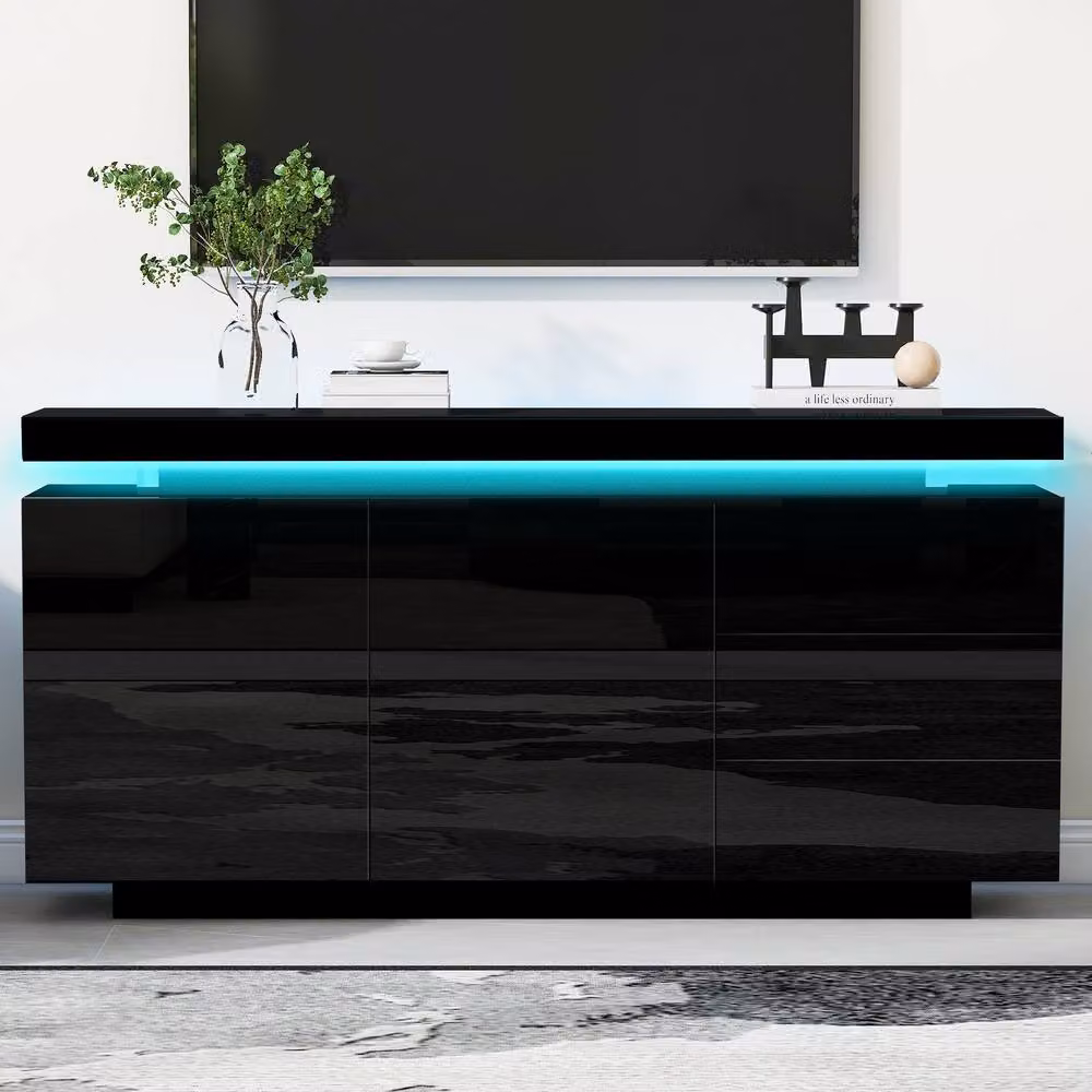 Rolipo Black High Gloss LED Sideboard with 2 Doors and 3 Drawers – 6