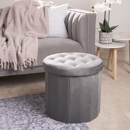 OHS Round Matte Velvet Storage Ottoman Stool in Grey, W/D/H: 45 x 45 x 45 cm