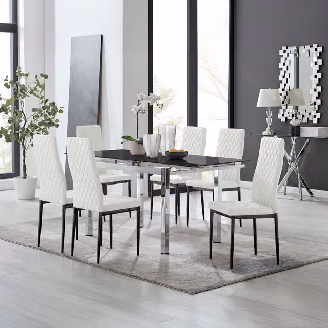 Furniturebox Enna Black Glossy Glass Extending Dining Table and 6 Milan Black Leg Chairs in White