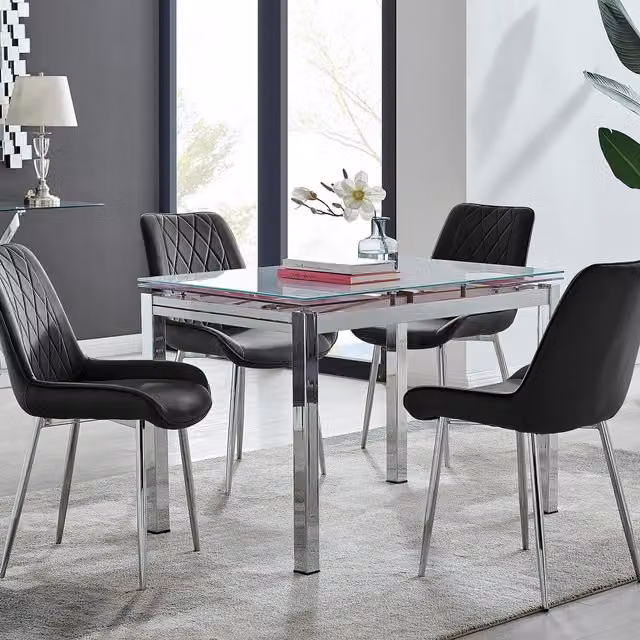 FurnitureboxUK Enna White Glass Extending Rectangular Dining Table and 4 Black Pesaro Soft Velvet Chairs