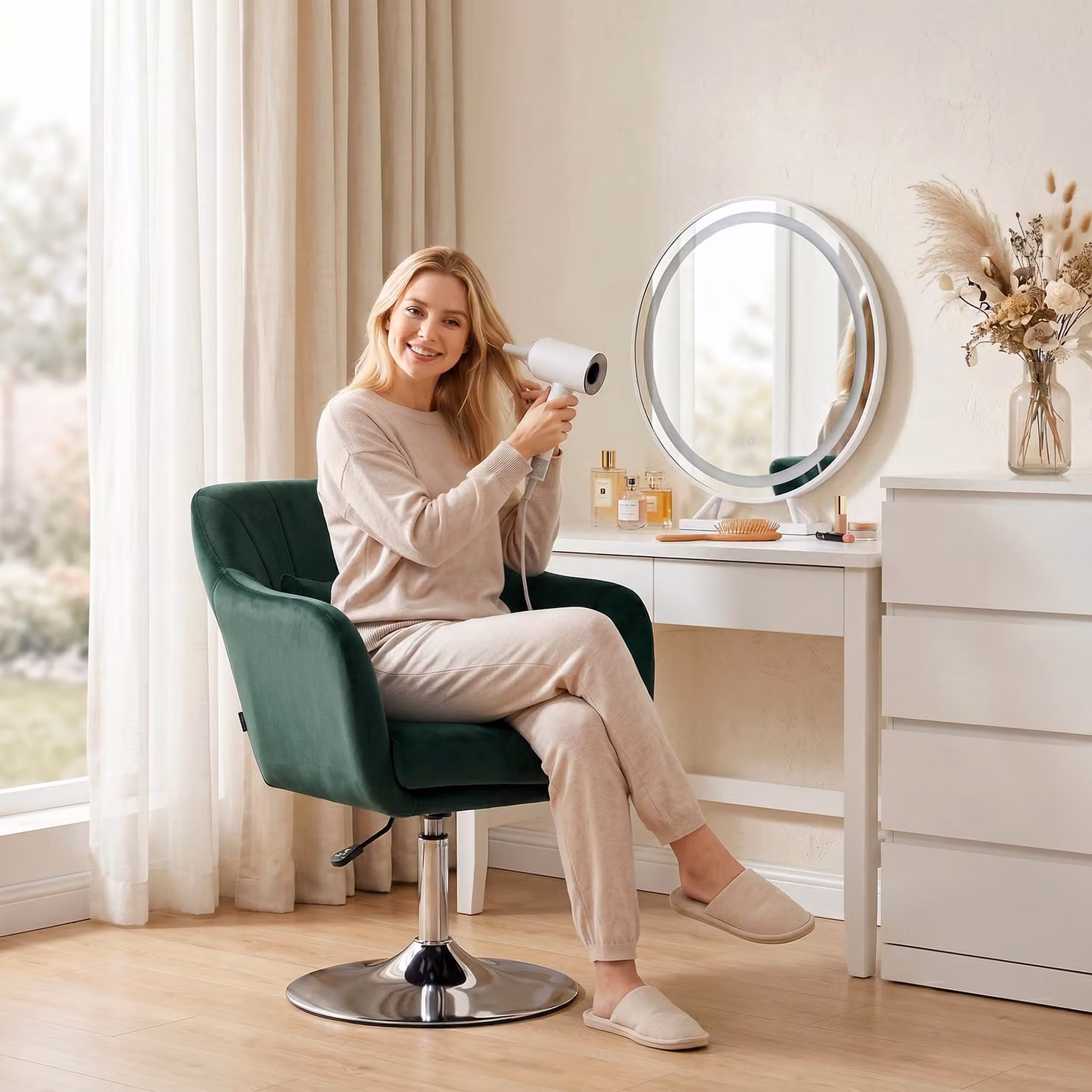HOMCOM Retro Velvet Swivel Tub Chair with Metal Frame in Dark Green – 7