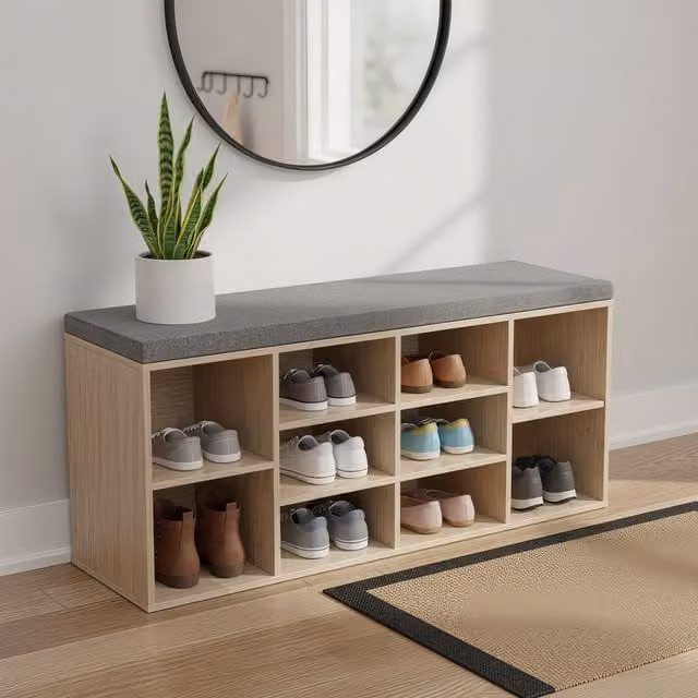 VASAGLE Shoe Bench with Cushion and Storage Compartments, Brown and Grey, W/D/H: 104 x 30 x 48 cm