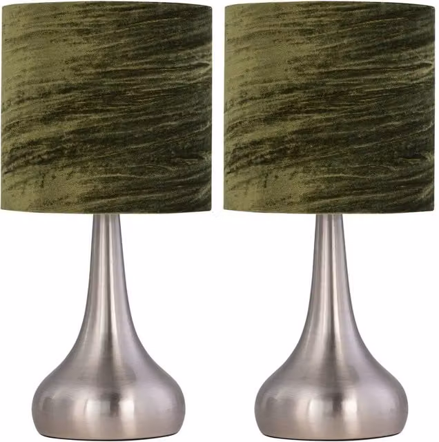 First Choice Lighting Romana Set of 2 Brushed Chrome Touch Table Lamps with Green Fabric Shades