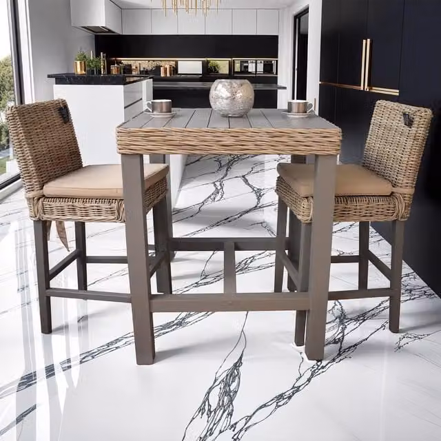 FWStyle Solid Reclaimed Pine Bar Table and 2 Padded Rattan Chairs in Grey Wash