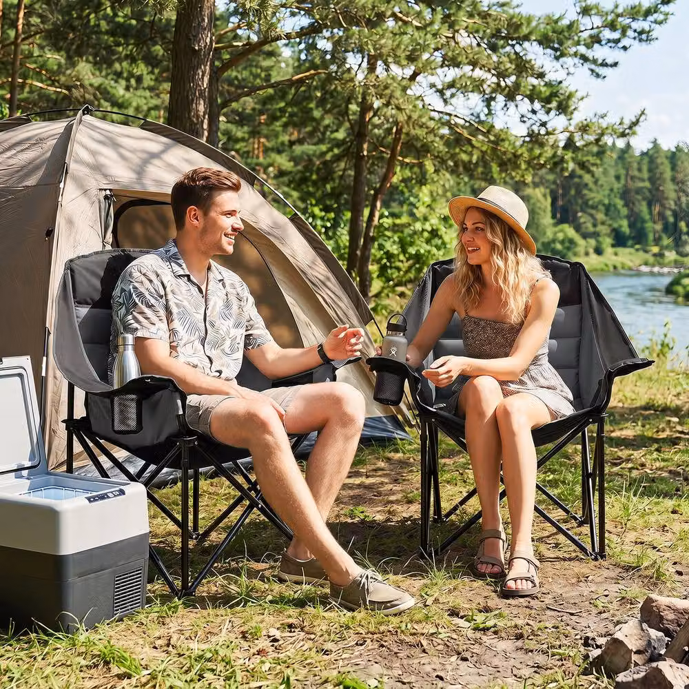 Gymax Heavy Duty Oversized Folding Camping Armchair with Padded Seat in Black – 6
