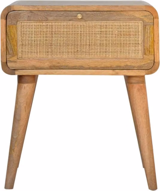 KDMK Brown Mango Wood and Woven Rattan Scandinavian Bedside Table