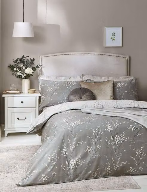 Laura Ashley Pussy Willow Reversible Floral Bedding Set, Grey Mix, 200 x 200 cm, Pure Cotton Mako Sateen