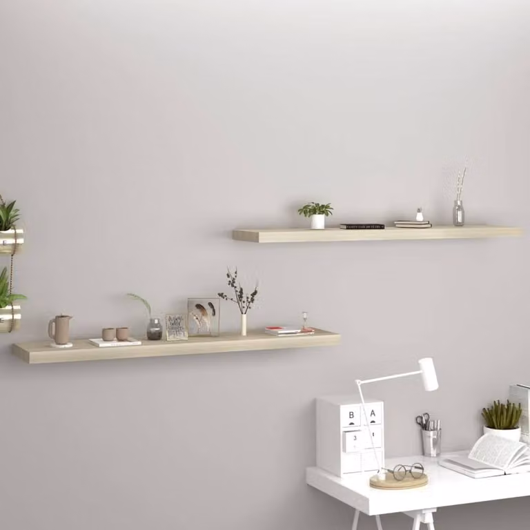 Berkfield Home Durable Floating Wall Shelves, 2 Pack, Oak MDF in Light Tan, W: 120 cm, D: 23.5 cm, H: 3.8 cm