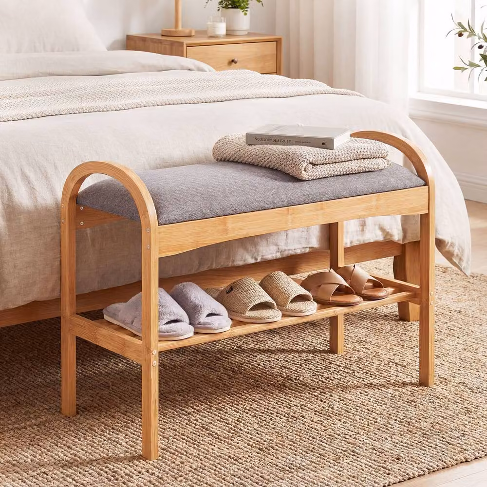 Gymax 2-Tier Bamboo Shoe Bench with Padded Fabric Cushion in Grey – 5
