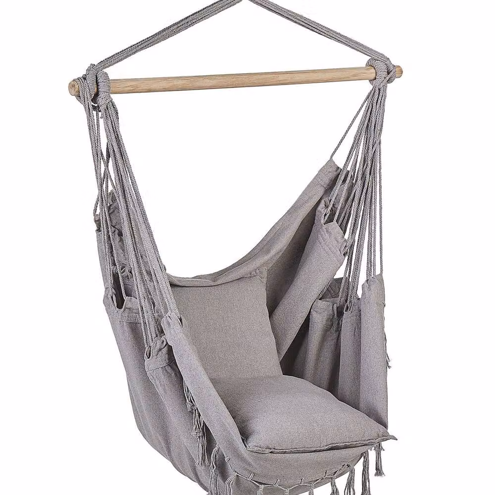 Wyld and Coco Boho Hanging Hammock Chair in Light Grey Cotton-Polyester with Beech Wood – 2
