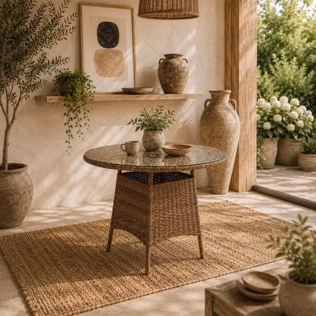 Wyld Haus Rotasa Brown Rattan Outdoor Coffee Table with Tempered Glass Top