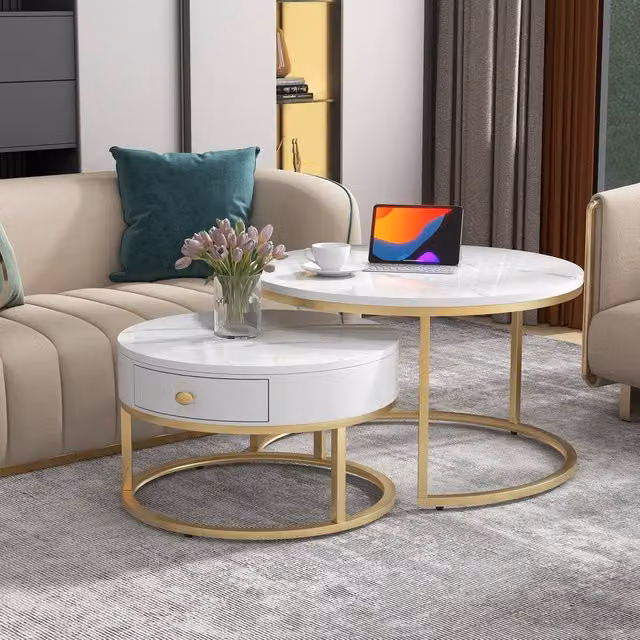 Matteo Round Nesting Coffee Table Set with White and Gold Finish – 1
