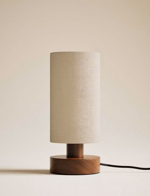 M&S Modern Brown Wooden Table Lamp with Beige Fabric Shade