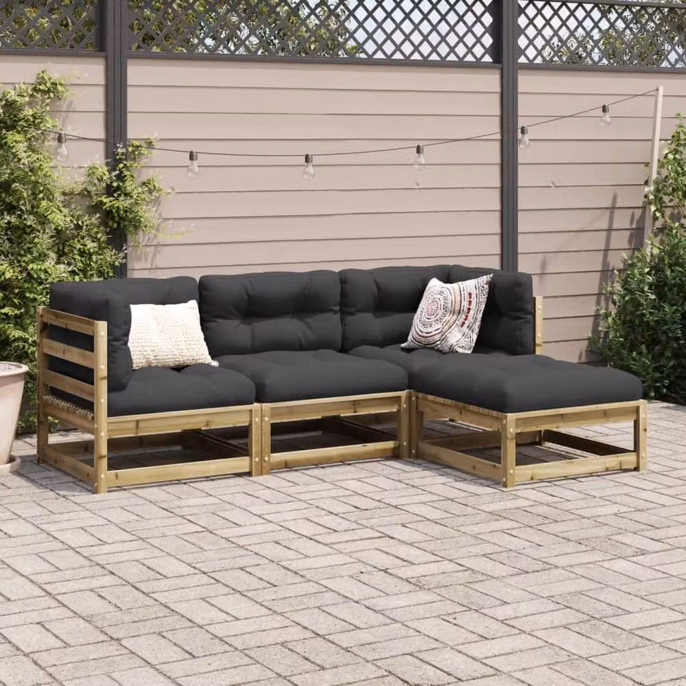 Berkfield Home 4 Piece L-Shape Garden Sofa Set in Brown Treated Pine Wood with Grey Fabric Cushions – 2