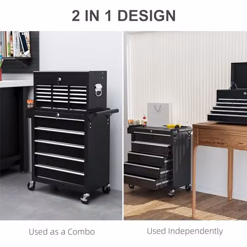 HOMCOM 2 in 1 Rolling Tool Cabinet with 14 Drawers and Pegboard, Black Steel – 5