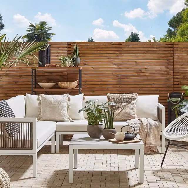 Wyld and Coco 4 Seater Left Hand L Shaped Outdoor Lounge Set with Coffee Table in White Powder Coated Aluminium – 1