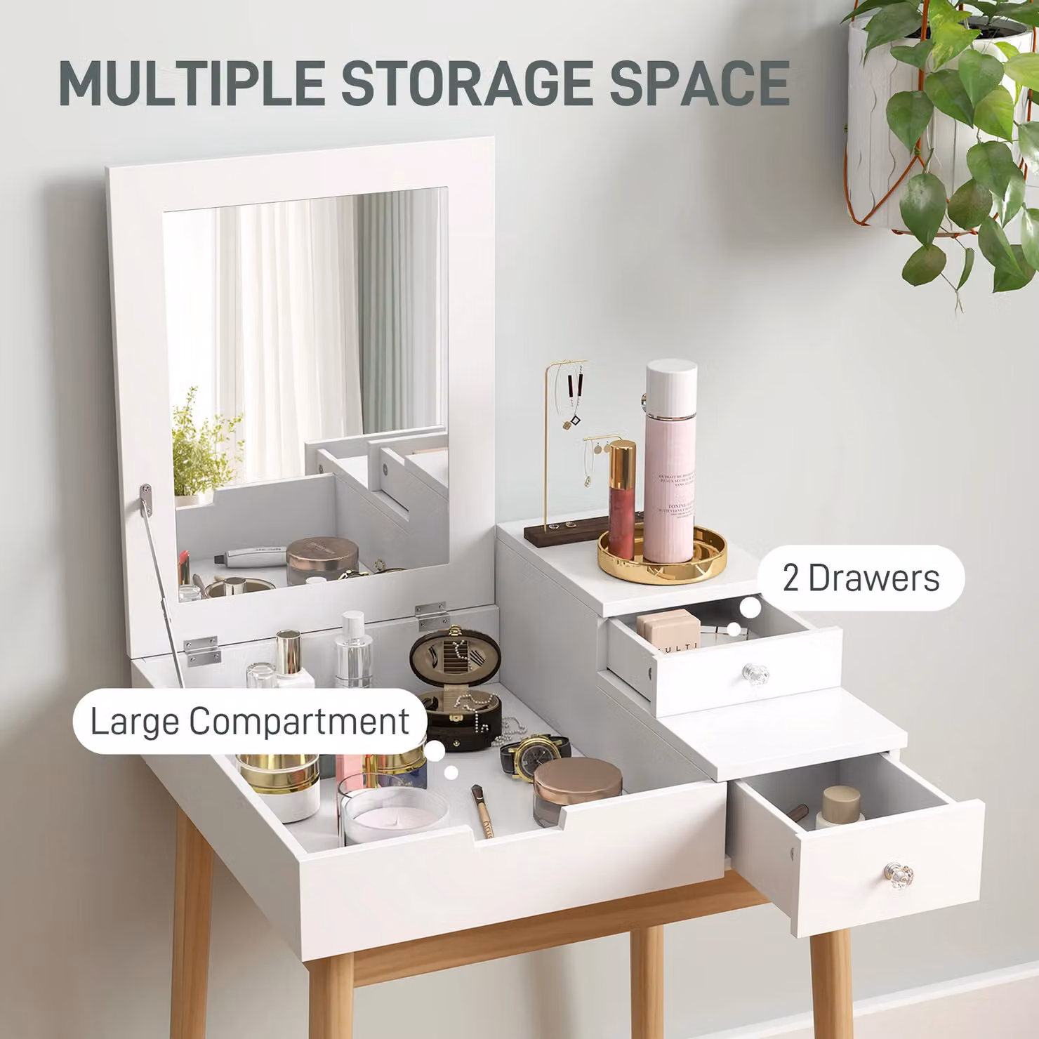 HOMCOM Modern White Dressing Table with Flip-up Mirror and Lift Mechanism – 3