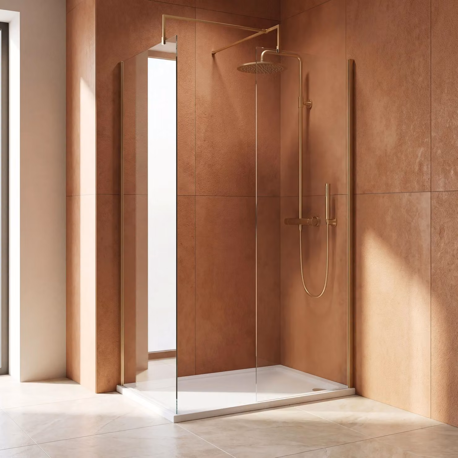 Balterley 8mm Glass Walk-In Wetroom Screen and Tray with Brushed Brass Profile, W/D/H: 1200 x 800 mm, Gold/Brass – 2