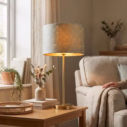 Happy Homewares Abstract Botanical Leaf Motif Jacquard Fabric Cylinder Lamp Shade in Silver and Blue, W/D/H: 20 x 20 x 30 cm – 2