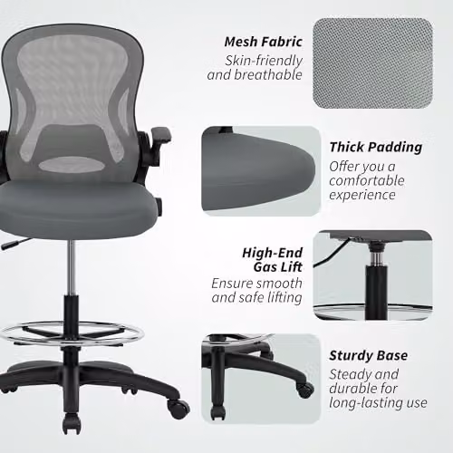 VINSETTO Grey Fabric Drafting Chair with Armrests and Foot Ring – 6