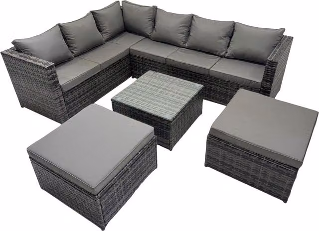 Fimous 8-Seater Dark Grey L-Shape Rattan Corner Sofa Set with Ottoman and Coffee Table