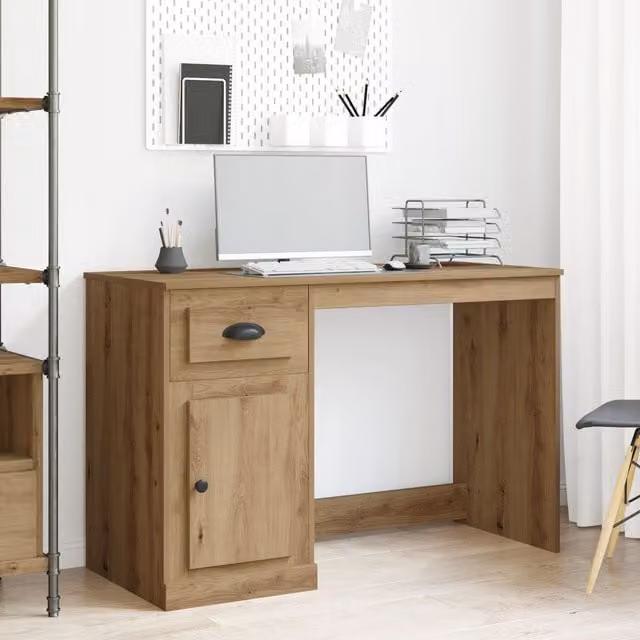 Berkfield Modern Computer Desk in Brown Artisan Oak with Storage, W/D/H: 115 x 50 x 75 cm – 1