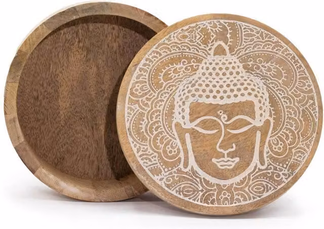 KDMD Round Whitewash Buddha Face Wooden Storage and Decor Box in Brown, W/D/H: 17.5 x 7.5 x 7.5 cm