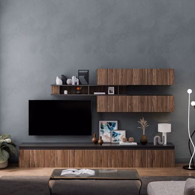 Decorotika Alicante Wall Mounted Modern Entertainment Center in Black with Geometric Pattern