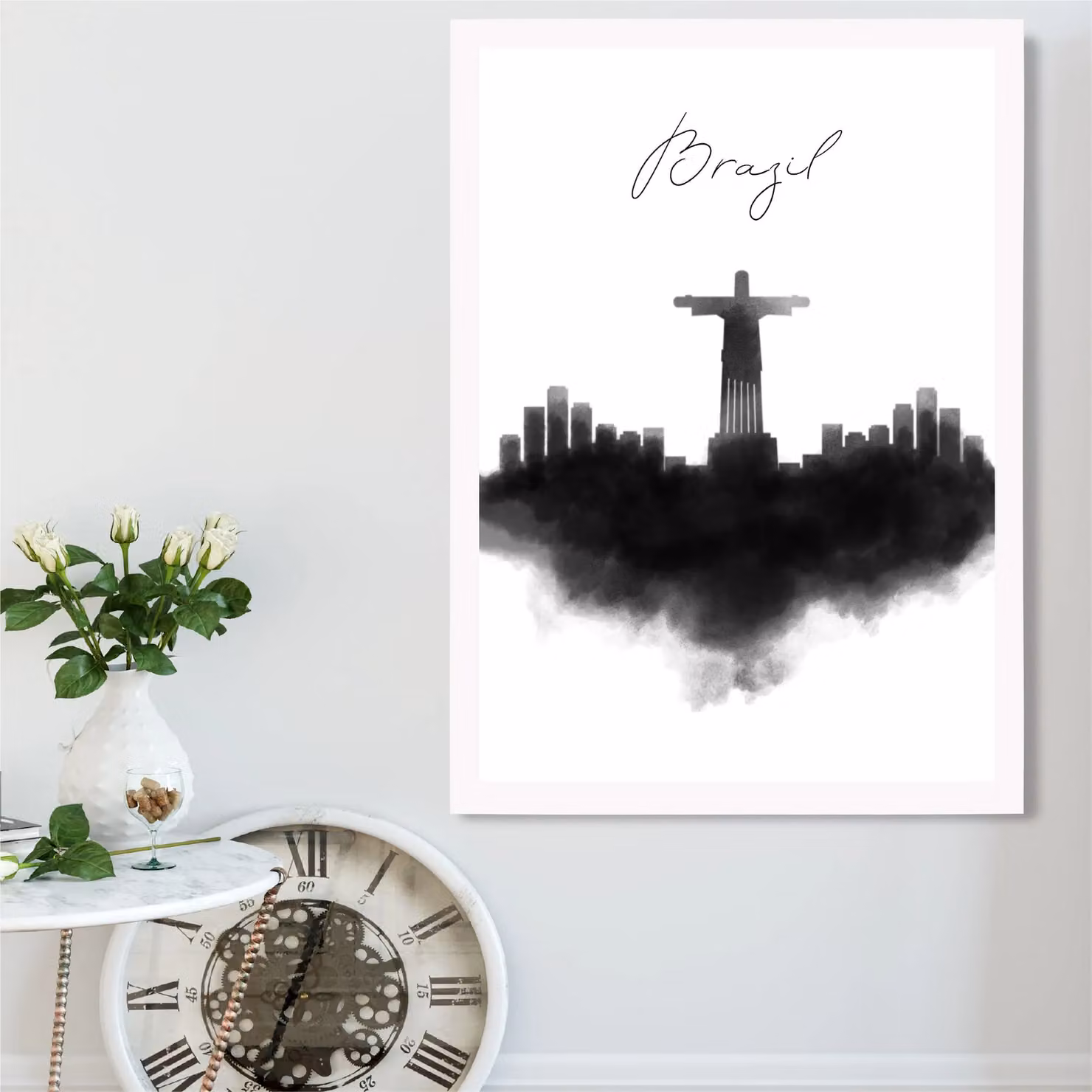 ARTZE Brazil Watercolour Skyline City Framed Print, A2, Black and White – 2
