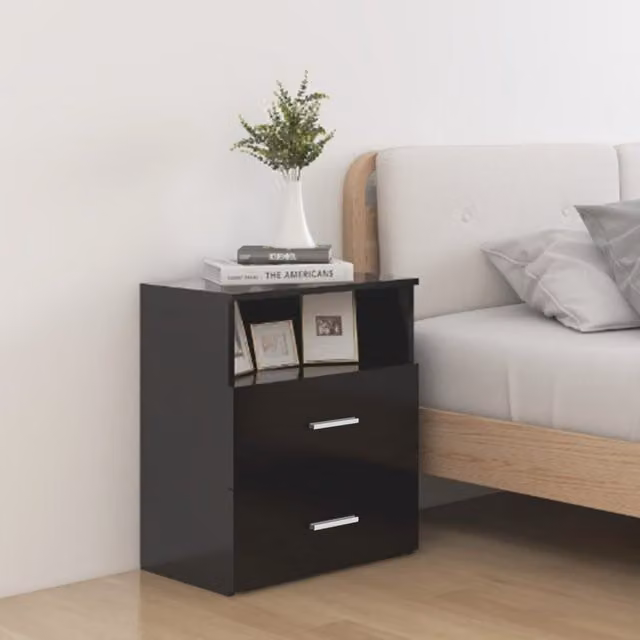 Berkfield Home Set of 2 Modern Black Bedside Cabinets, W/D/H: 50 x 32 x 60 cm