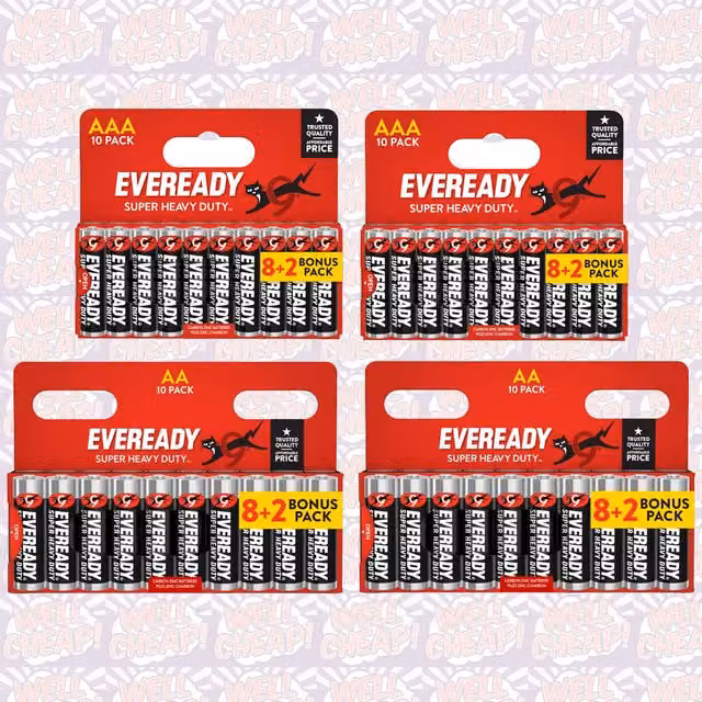 Eveready Super Heavy Duty Zinc Batteries, 20x AA and 20x AAA, Black and Multicolour (40 Batteries)
