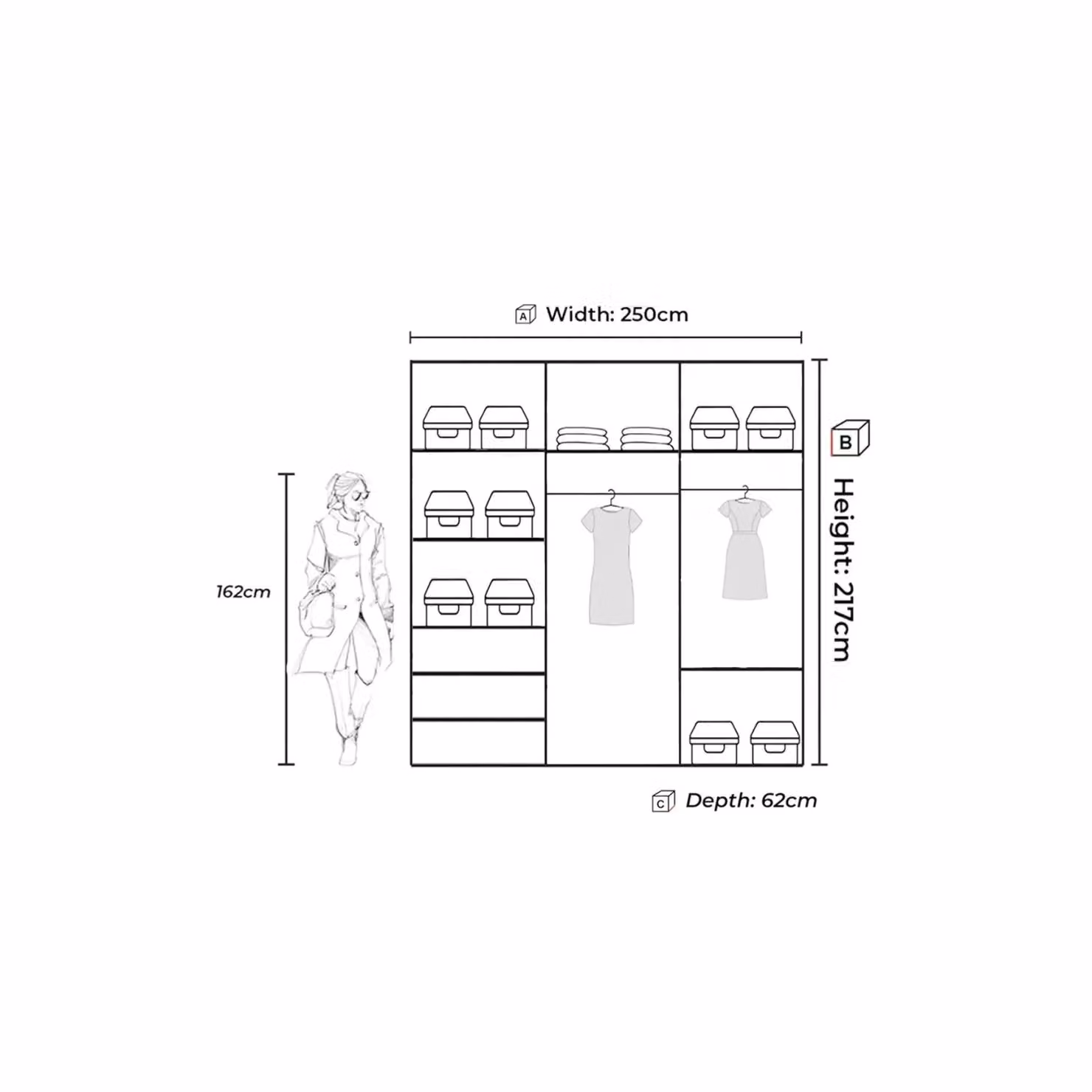 Sliding Wardrobes 4U Modern Double Sliding Door Wardrobe with Integrated Drawers and Glass Doors in Black, W: 250 cm, H: 217 cm – 3