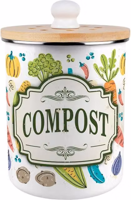 Purely Home Vintage Allotment Compost Caddy - Metal Decorative Kitchen Food Waste Bin with Removable Inner Bucket and Odour Filter - Green, White and Multicolour, 2L