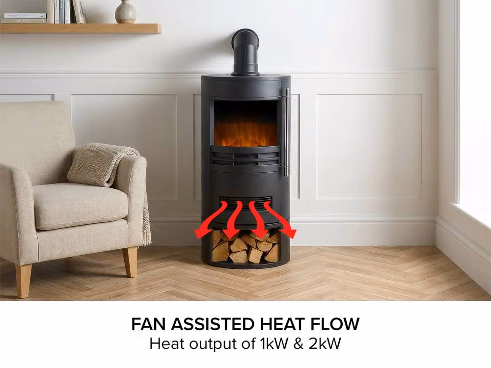 Adam Fires & Fireplaces Dunston Round Stove with Log Store and Angled Pipe in Black – 4