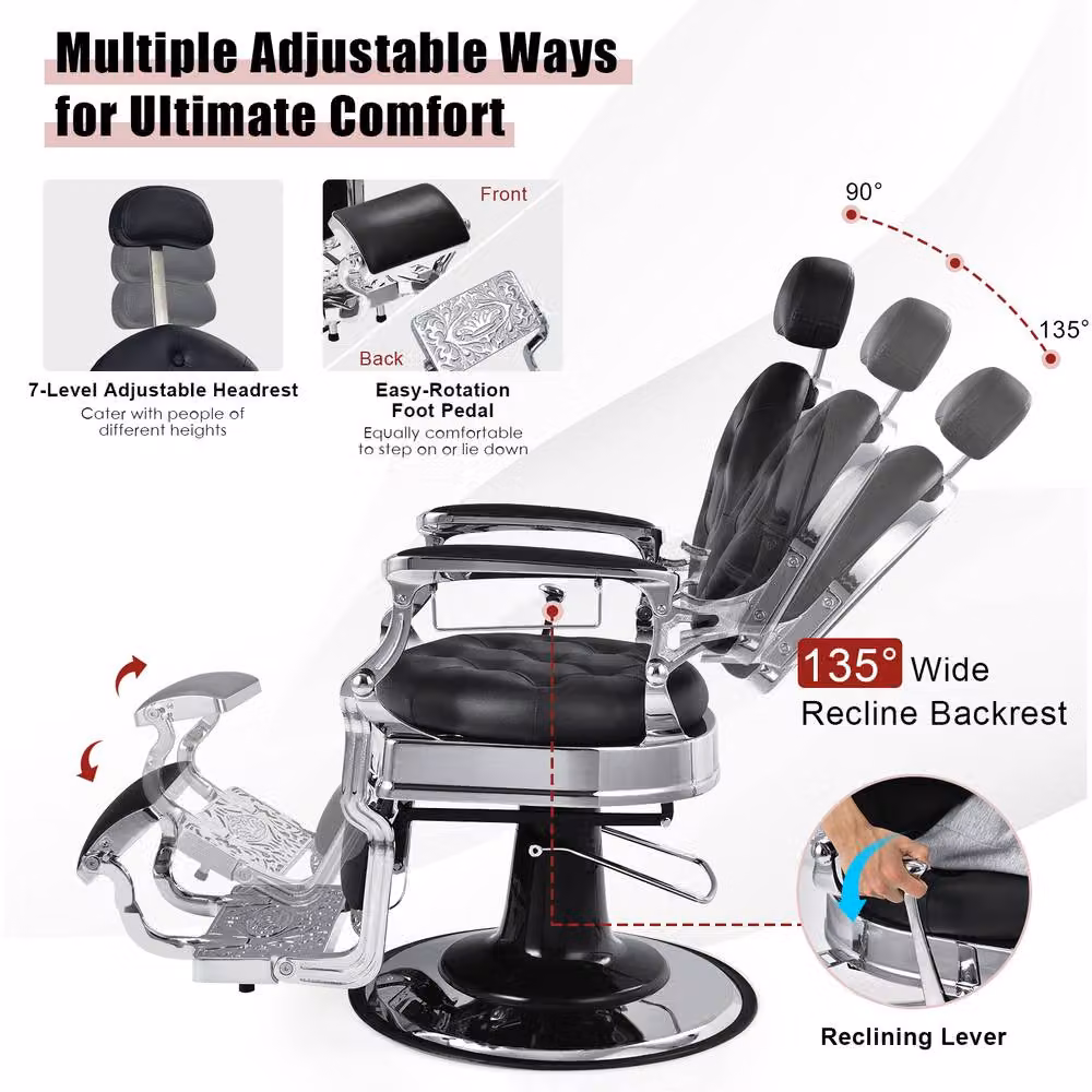 Gymax Black Reclining Barber Salon Chair with Adjustable Height and Headrest – 2