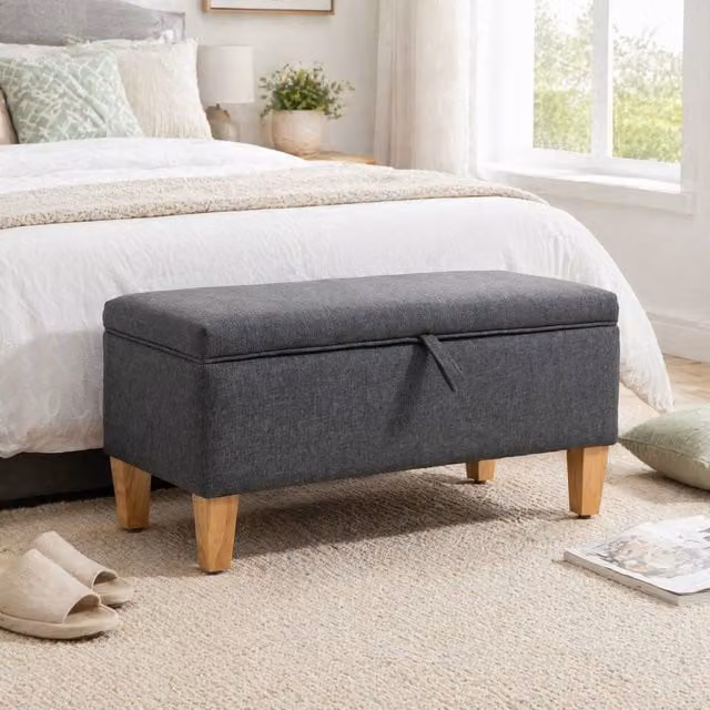STILVORA Grey Fabric Storage Stool with Padded Top and Wood Frame