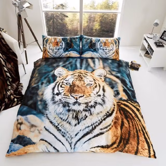 Smart Living Luxury 3D Tiger Duvet Cover and Pillowcase Set in Brown and Orange