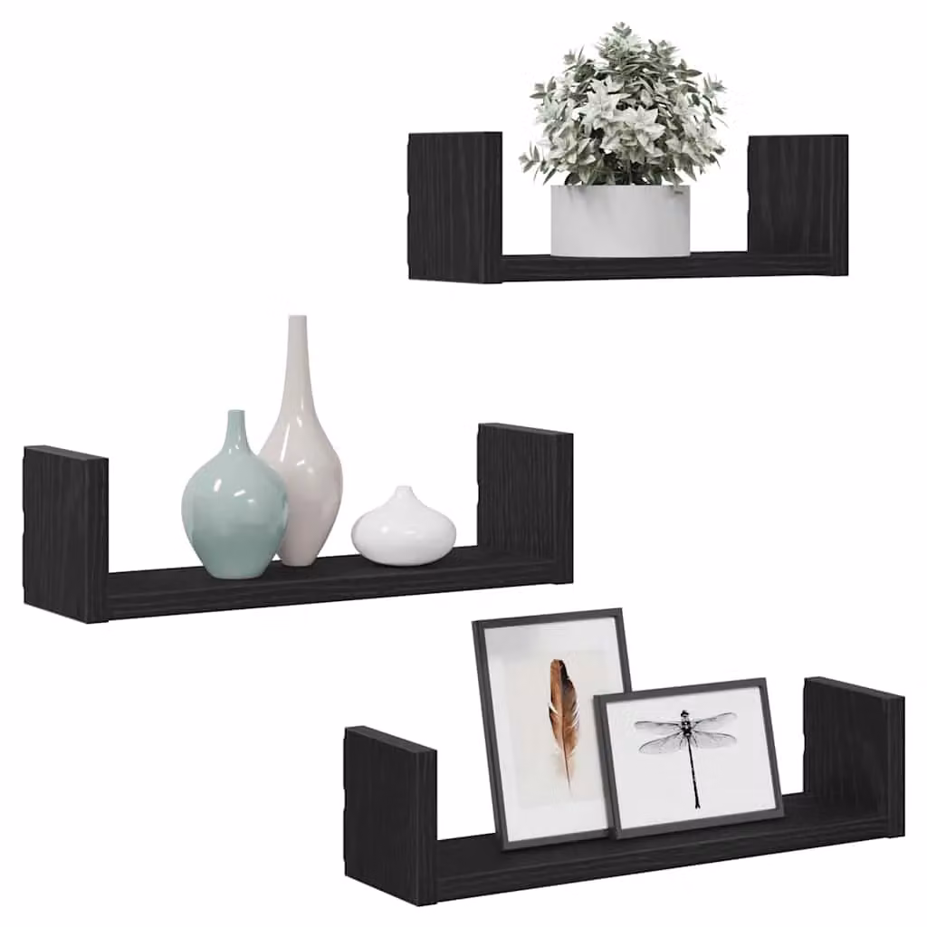 Berkfield Home Set of 3 Wall Mounted Shelves in Black Oak Engineered Wood – 3