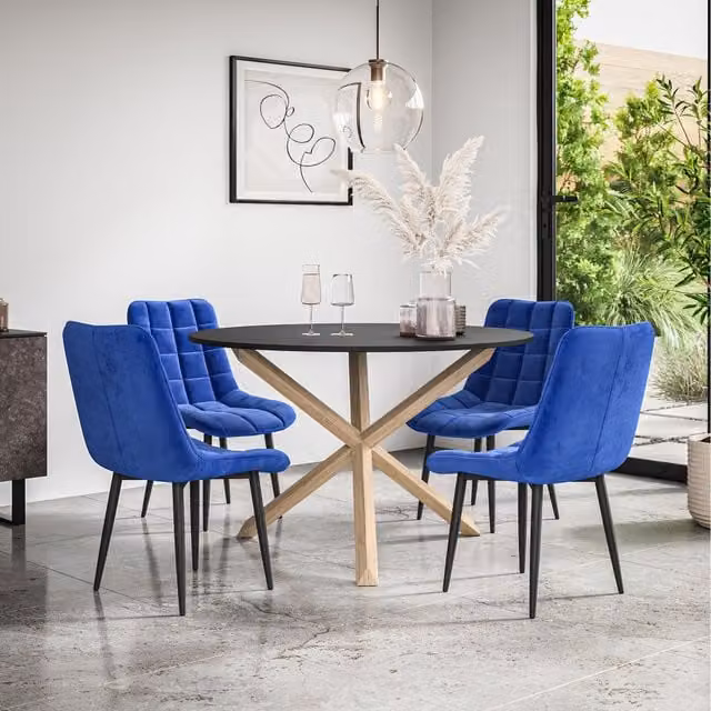 More4Homes Malvern Round Black Dining Table with Oak Legs and 4 Blue Nova Velvet Chairs, Diameter: 120 cm, Height: 75 cm