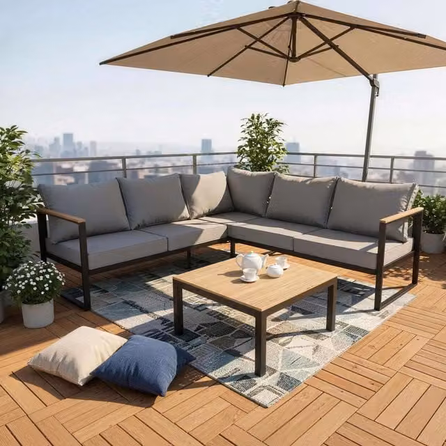 BIRCHTREE 5-Seater Modern L-Shape Garden Furniture Set with Coffee Table and Upholstered Grey Fabric Cushions