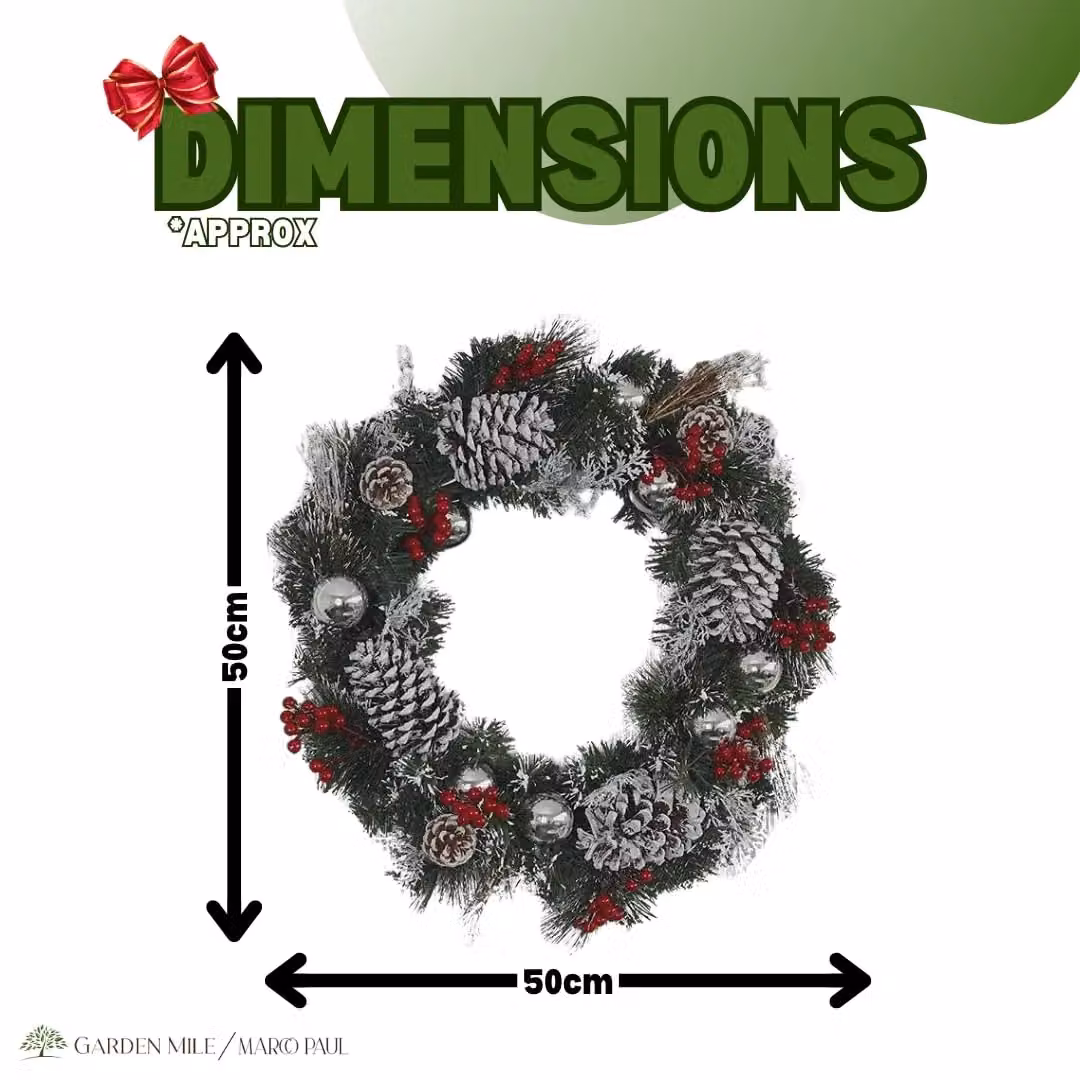 Marco Paul Snow Dusted Christmas Door Wreath Garland with Pinecones, Berries and Red Baubles – 2