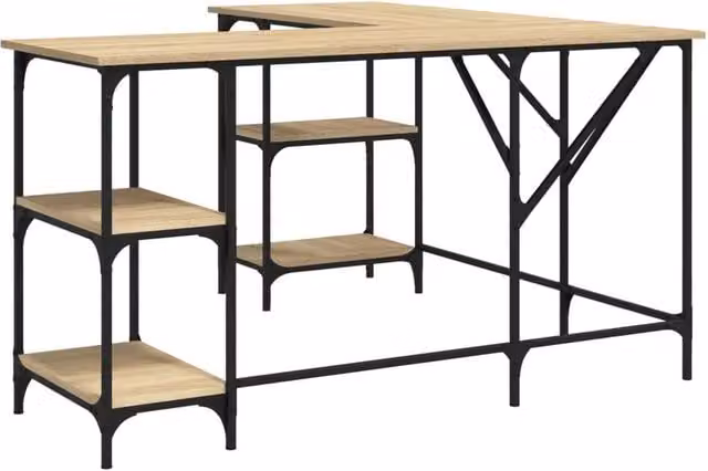 Berkfield Home Sonoma Oak Corner Desk in Beige and Brown, W/D/H: 139 x 139 x 75 cm