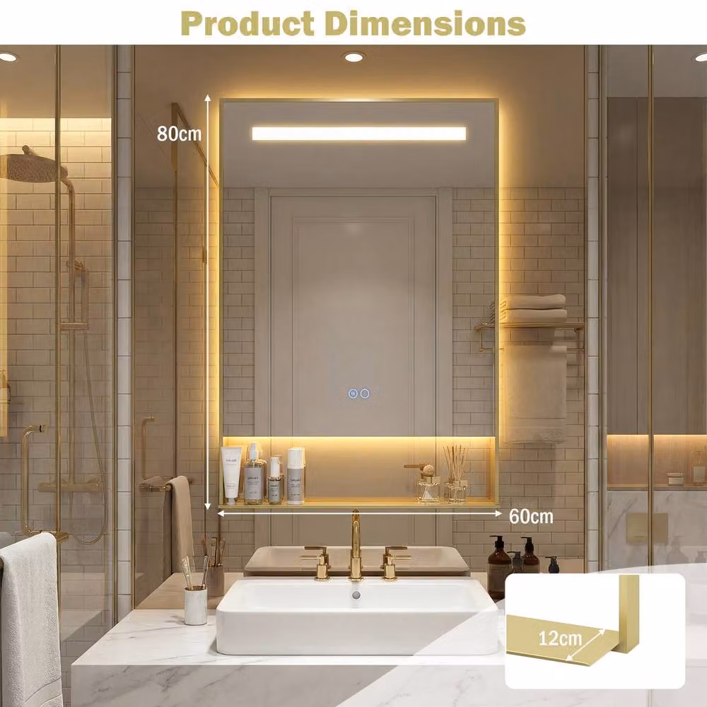 Gymax Gold Aluminum LED Bathroom Vanity Mirror with Shelf, W: 80 cm, H: 60 cm – 2