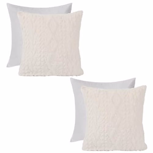 OHS Set of 2 Cable Knit and Sherpa Decorative Cushions with Removable Covers, Cream, W/D/H: 45 x 45 x 45 cm