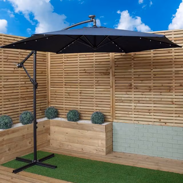 Samuel Alexander 3m Solar Powered Cantilever Banana Garden Parasol with White LED Lights and Crank Handle, Blue