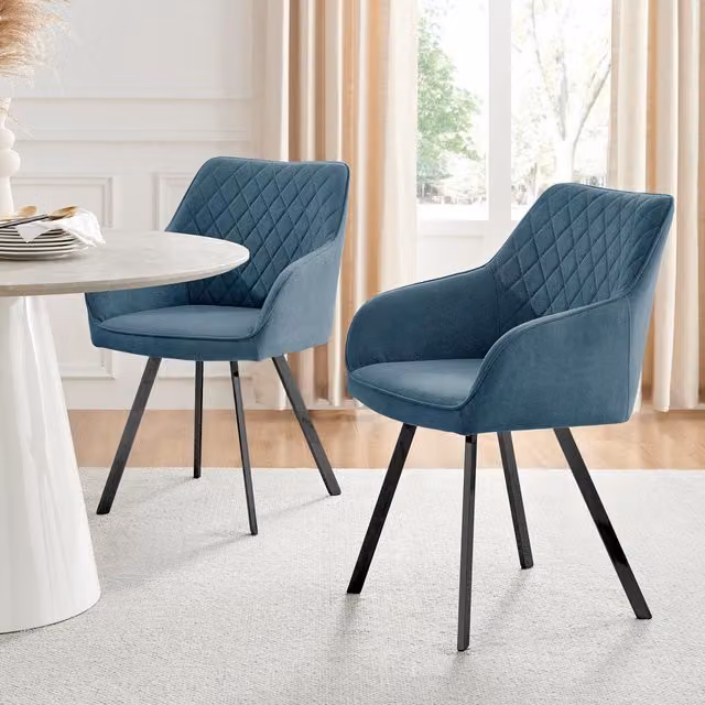 FurnitureboxUK Set of 2 Falun Deep Padded Dining Chairs in Blue Fabric with Black Metal Legs