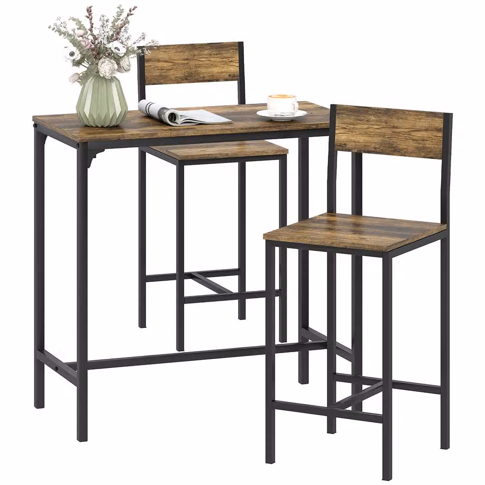 HOMCOM 3-Piece Industrial Bar Table and Stools Set in Brown and Black – 2